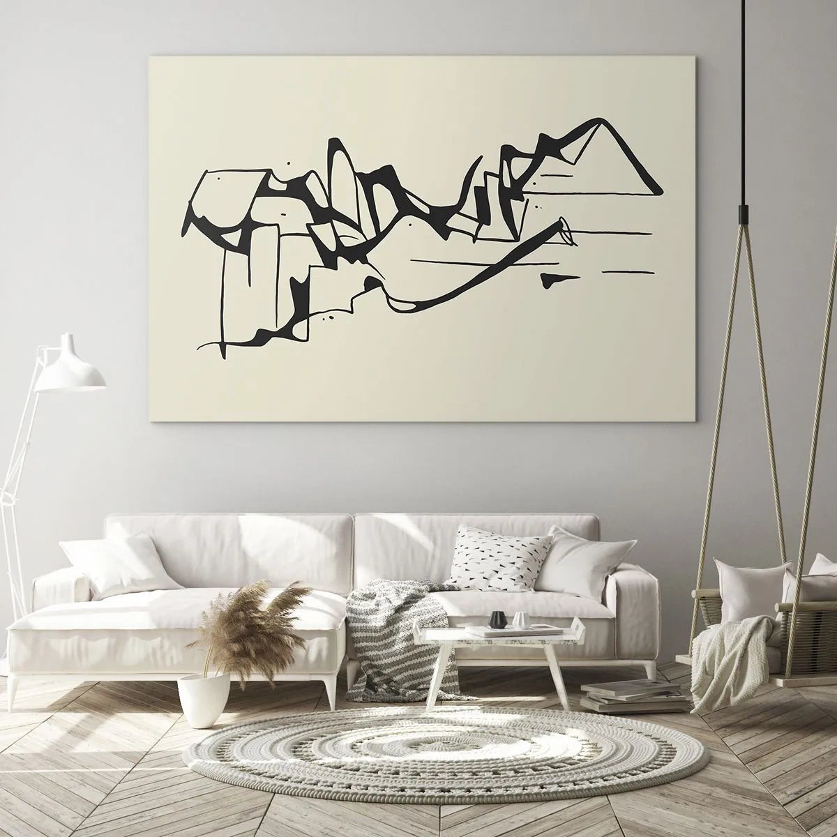 Obraz na szkle - Abstrakcyjna czarno-biała linia tworząca zarys krajobrazu - 70x50cm - Być może pejzaż - Nowoczesna dekoracja ścienna do salonu i sypialni ARTTOR