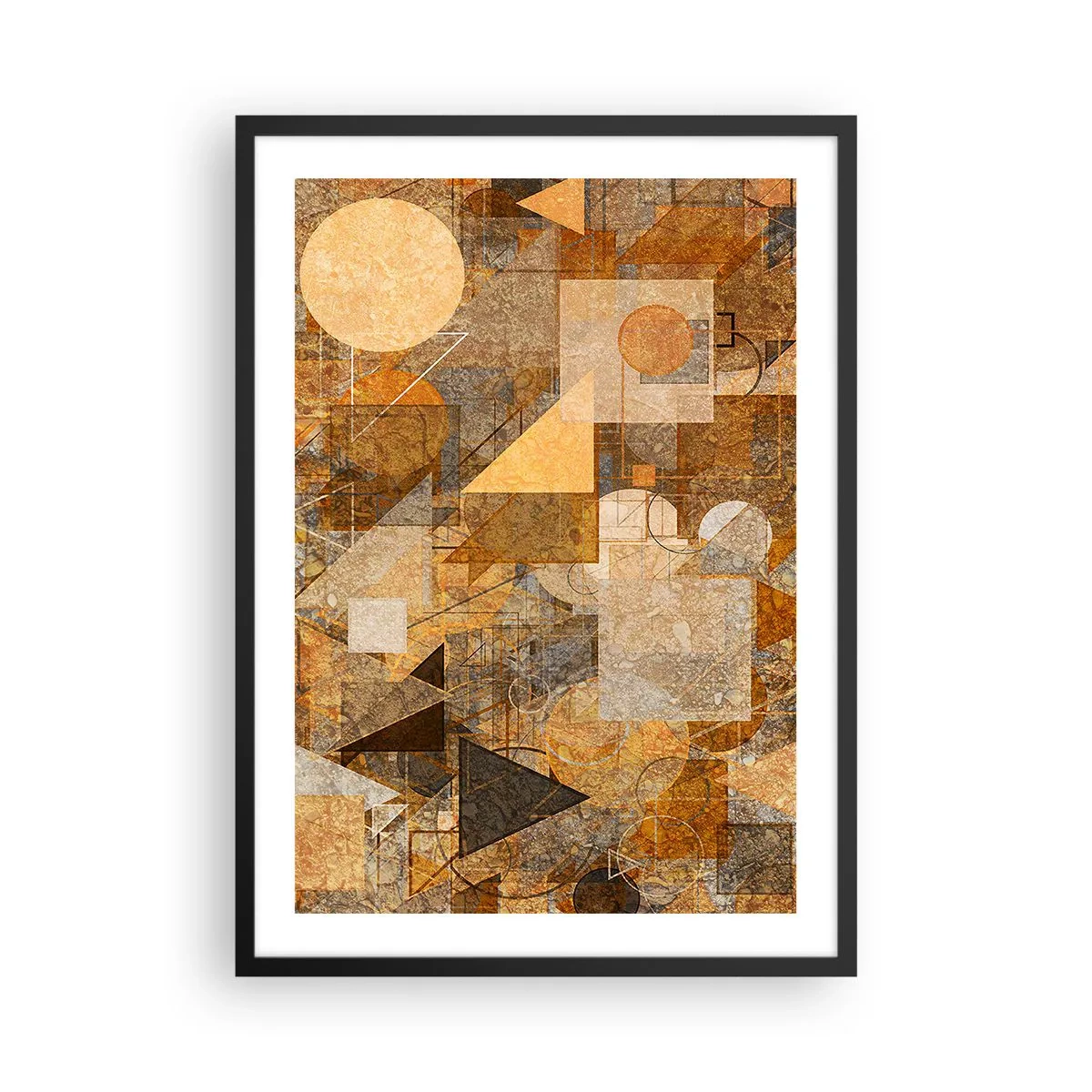 Plakat w czarnej ramie - Abstrakcyjna kompozycja geometryczna w odcieniach brązu i pomarańczu - 50x70cm - Kubistyczne studium brązu - Nowoczesna dekoracja ścienna do salonu i sypialni ARTTOR