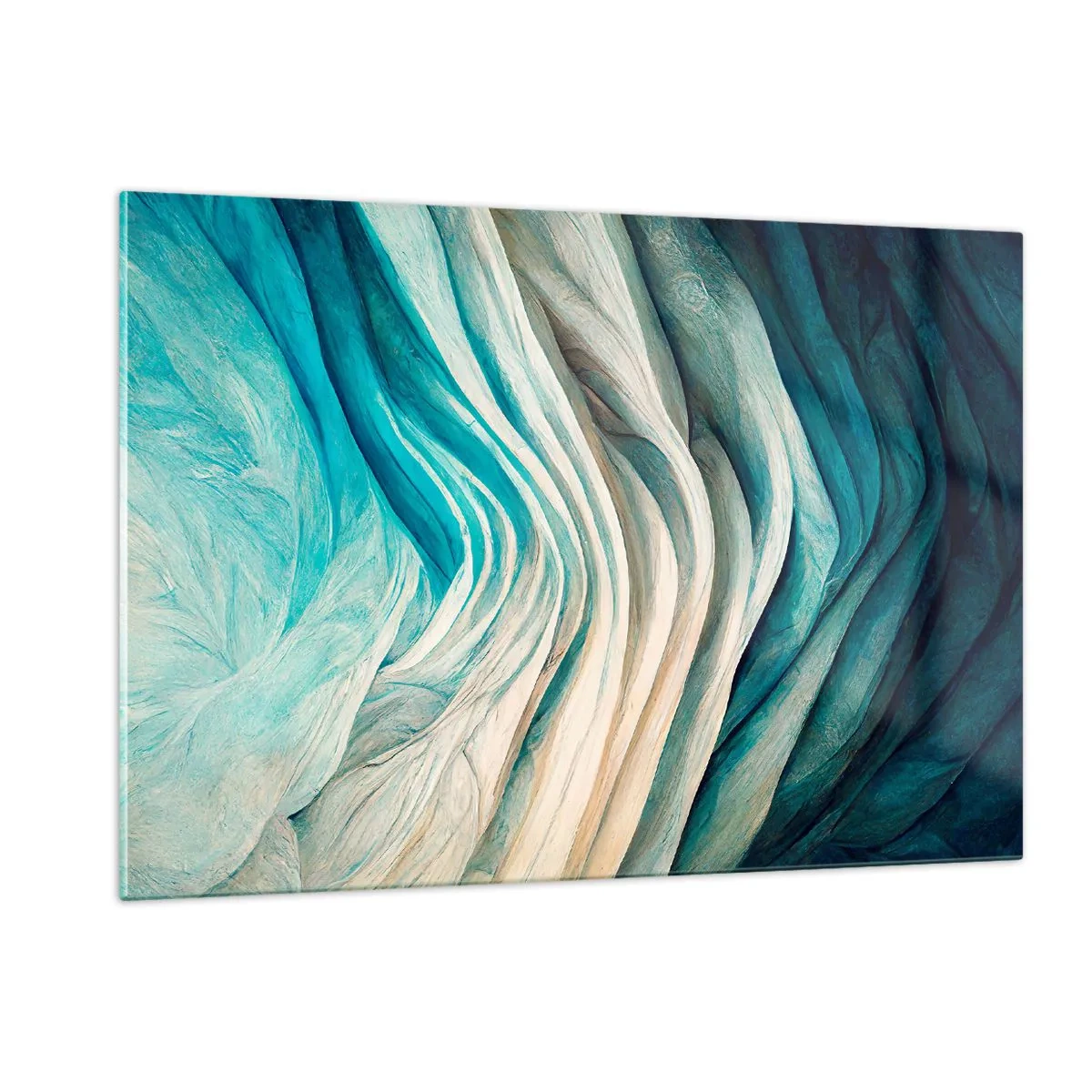 Obraz na szkle - Abstrakcyjne fale w odcieniach błękitu i beżu - 120x80cm - Błękitne nienasycenie - Nowoczesna dekoracja ścienna do salonu, kuchni i sypialni ARTTOR