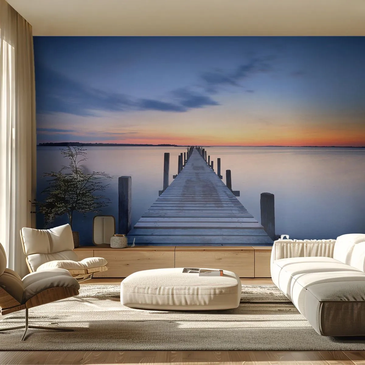 Fototapeta Premium Canvas - Drewniany pomost na jeziorze o zachodzie słońca - 100x70cm - Spokój pogodnego zmierzchu - Nowoczesna dekoracja ścienna do salonu i sypialni ARTTOR