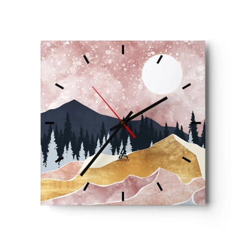 Zegar ścienny - Kolorowe góry na tle różowego nieba z księżycem - 30x30cm - Nocna straż - Nowoczesna dekoracja ścienna do salonu i sypialni ARTTOR