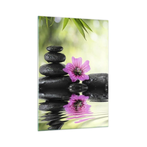 Obraz na szkle - Kamienie Zen i różowy kwiat odbijające się w wodzie - 70x100cm - Czas dla duszy - Nowoczesna dekoracja ścienna do salonu i sypialni ARTTOR