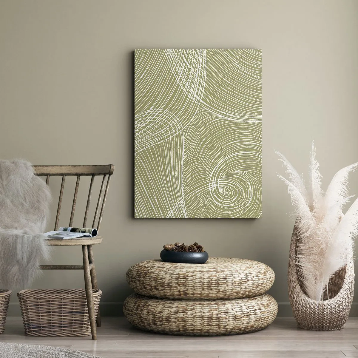 Obraz na płótnie - Abstrakcyjne białe linie na oliwkowym tle - 50x70cm - Abstrakcja misterna w bieli - Nowoczesna dekoracja ścienna do salonu, kuchni i sypialni ARTTOR