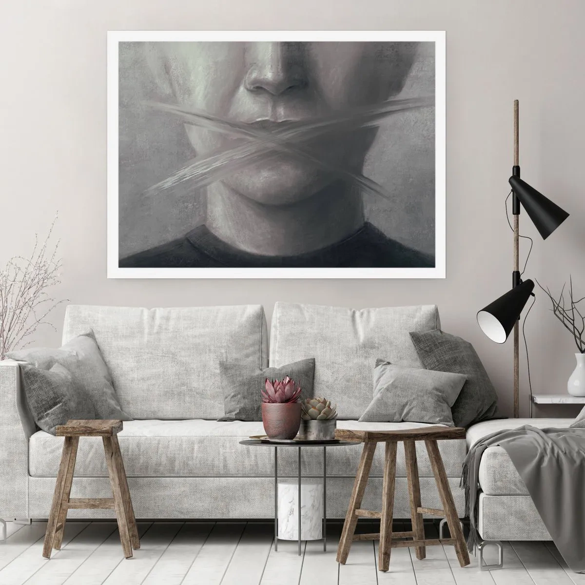 Plakat - Symboliczny portret z zamazanymi ustami w szarej tonacji - 100x70cm - Ani słowa - Nowoczesna dekoracja ścienna do salonu i sypialni ARTTOR