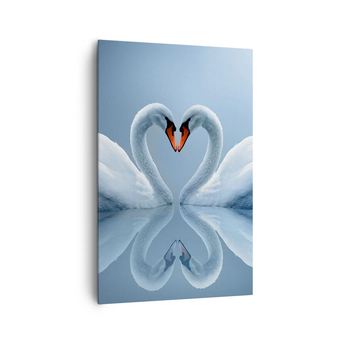 Obraz na płótnie - Dwa łabędzie tworzące serce na spokojnej tafli wody - 80x120cm - Czas na miłość - Nowoczesna dekoracja ścienna do salonu i sypialni ARTTOR