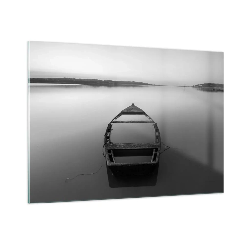 Obraz na szkle - Stara łódź na spokojnej tafli wody w czerni i bieli - 100x70cm - Tęsknota i melancholia - Nowoczesna dekoracja ścienna do salonu, kuchni i sypialni ARTTOR