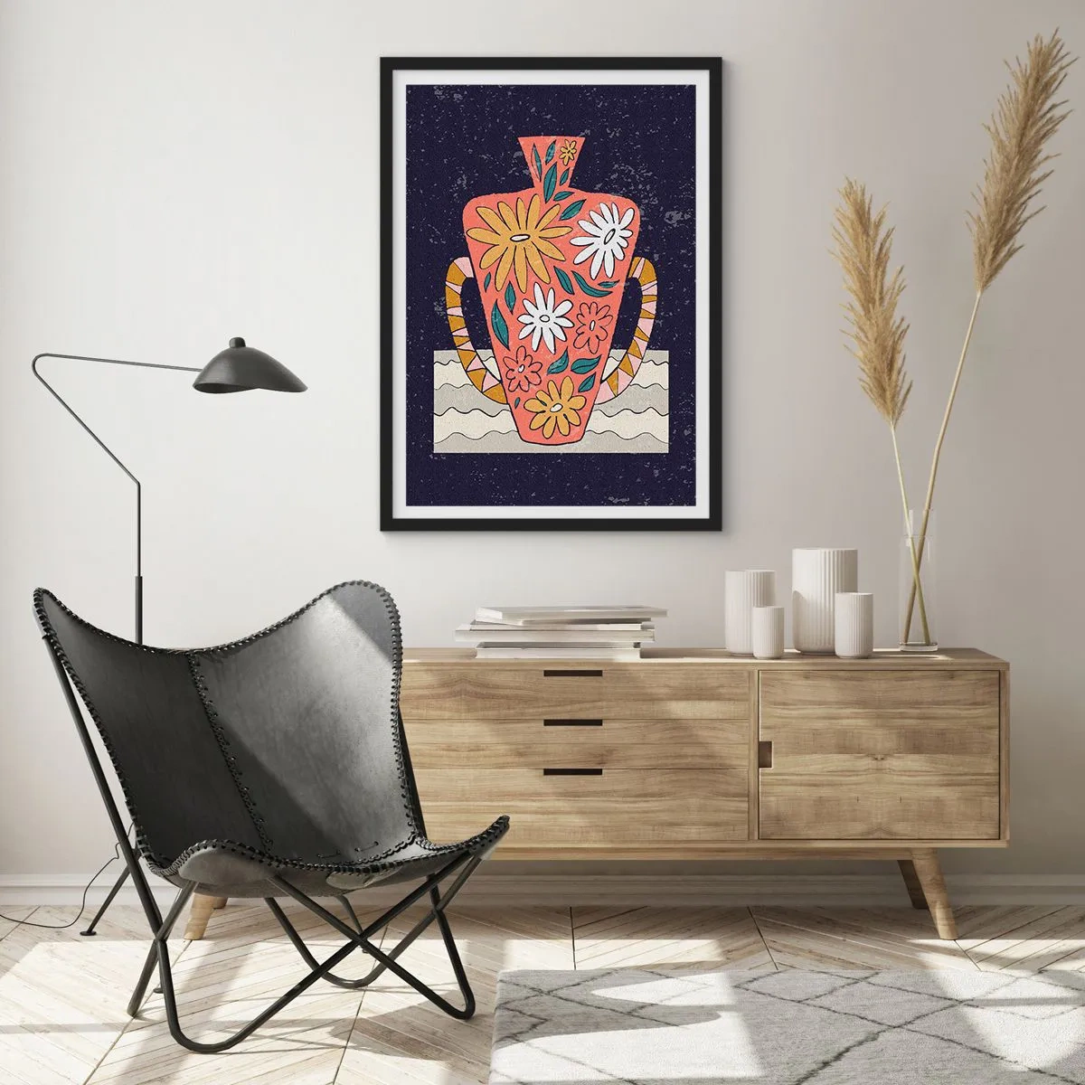 Plakat w czarnej ramie - Kolorowy wazon z kwiatowym wzorem na ciemnym tle - 50x70cm - Malowany dzban - Nowoczesna dekoracja ścienna do salonu i sypialni ARTTOR
