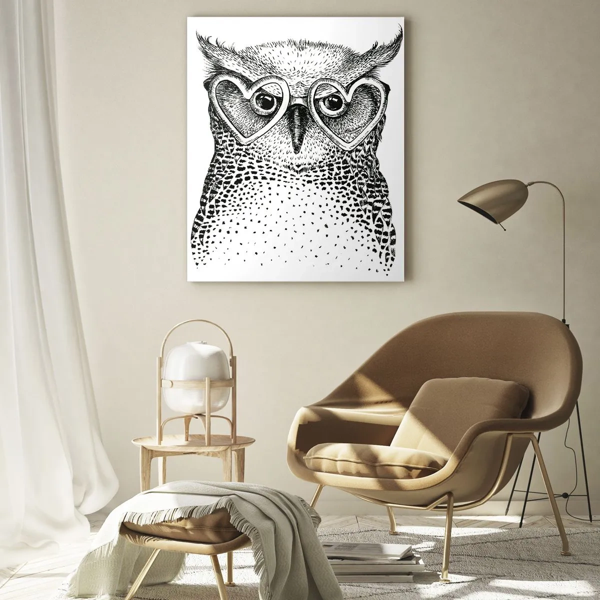 Obraz na szkle - Ilustracja przedstawiająca sowę w okularach w kształcie serca - 50x70cm - Mądrze i z miłością - Nowoczesna dekoracja ścienna do salonu, kuchni i sypialni ARTTOR