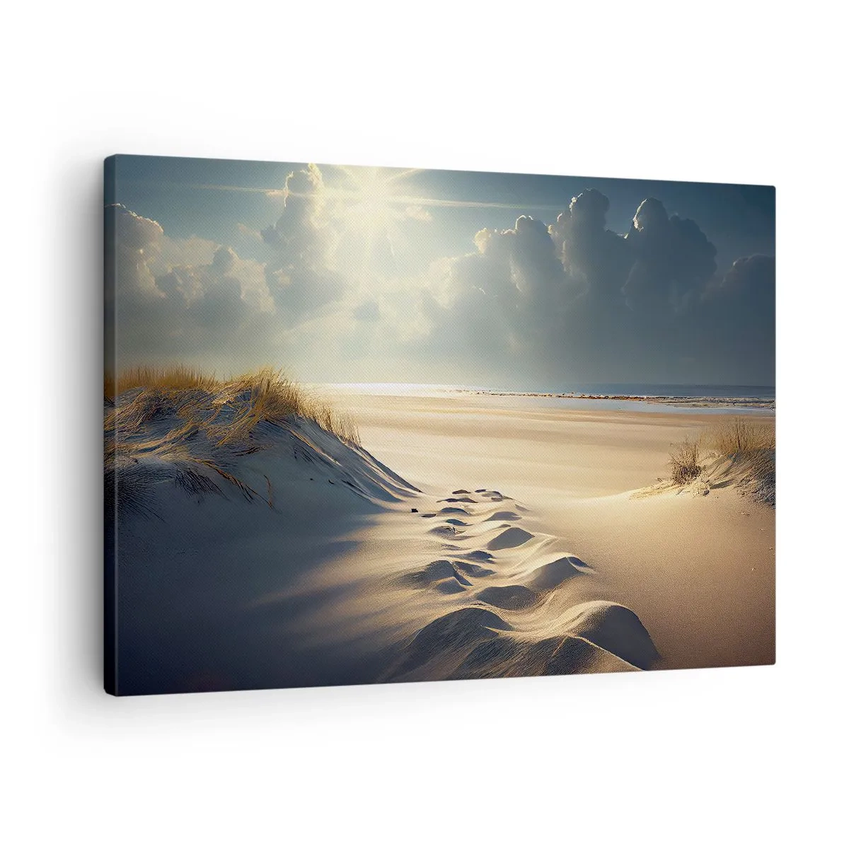 Obraz na płótnie - Złote wydmy na plaży o zachodzie słońca z widokiem na morze - 70x50cm - Kojący pejzaż - Nowoczesna dekoracja ścienna do salonu i sypialni ARTTOR