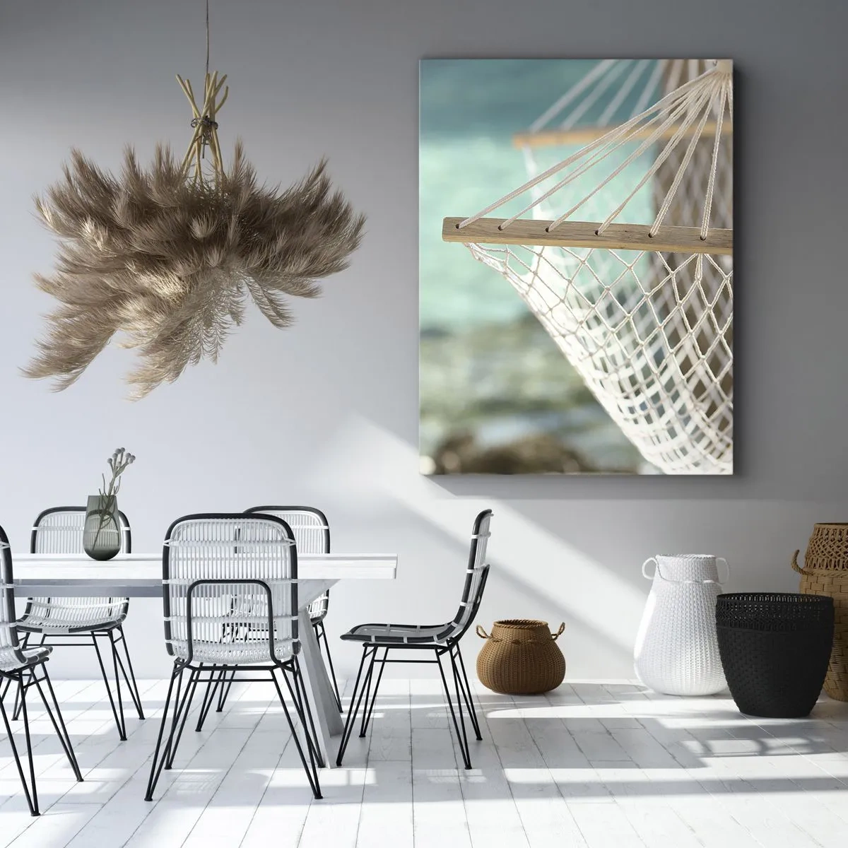 Obraz na płótnie - Biały hamak nad turkusowym morzem - 50x70cm - Czas relaksu - Nowoczesna dekoracja ścienna do salonu, kuchni i sypialni ARTTOR