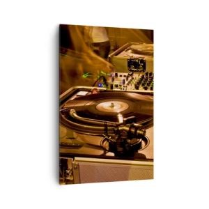 Obraz na płótnie - Sprzęt DJ z gramofonem i mikserem podczas imprezy - 80x120cm - Czujesz tę moc? - Nowoczesna dekoracja ścienna do salonu i sypialni ARTTOR