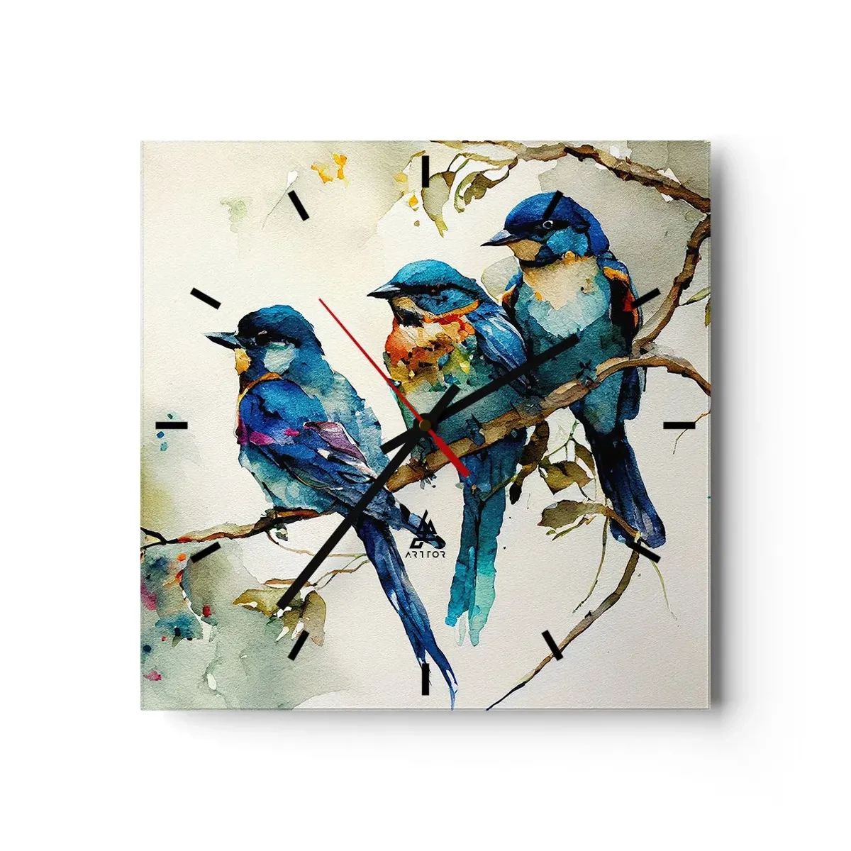 Zegar ścienny - Trzy kolorowe ptaki na gałęzi w akwarelowym stylu - 30x30cm - Obraził się? - Nowoczesna dekoracja ścienna do salonu i sypialni ARTTOR