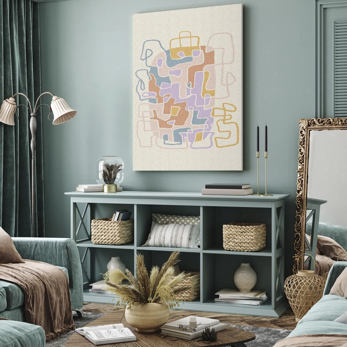 Obraz na płótnie - Abstrakcyjna kompozycja pastelowych kształtów i linii na jasnym tle - 50x70cm - Labirynt – radosna przygoda - Nowoczesna dekoracja ścienna do salonu, kuchni i sypialni ARTTOR