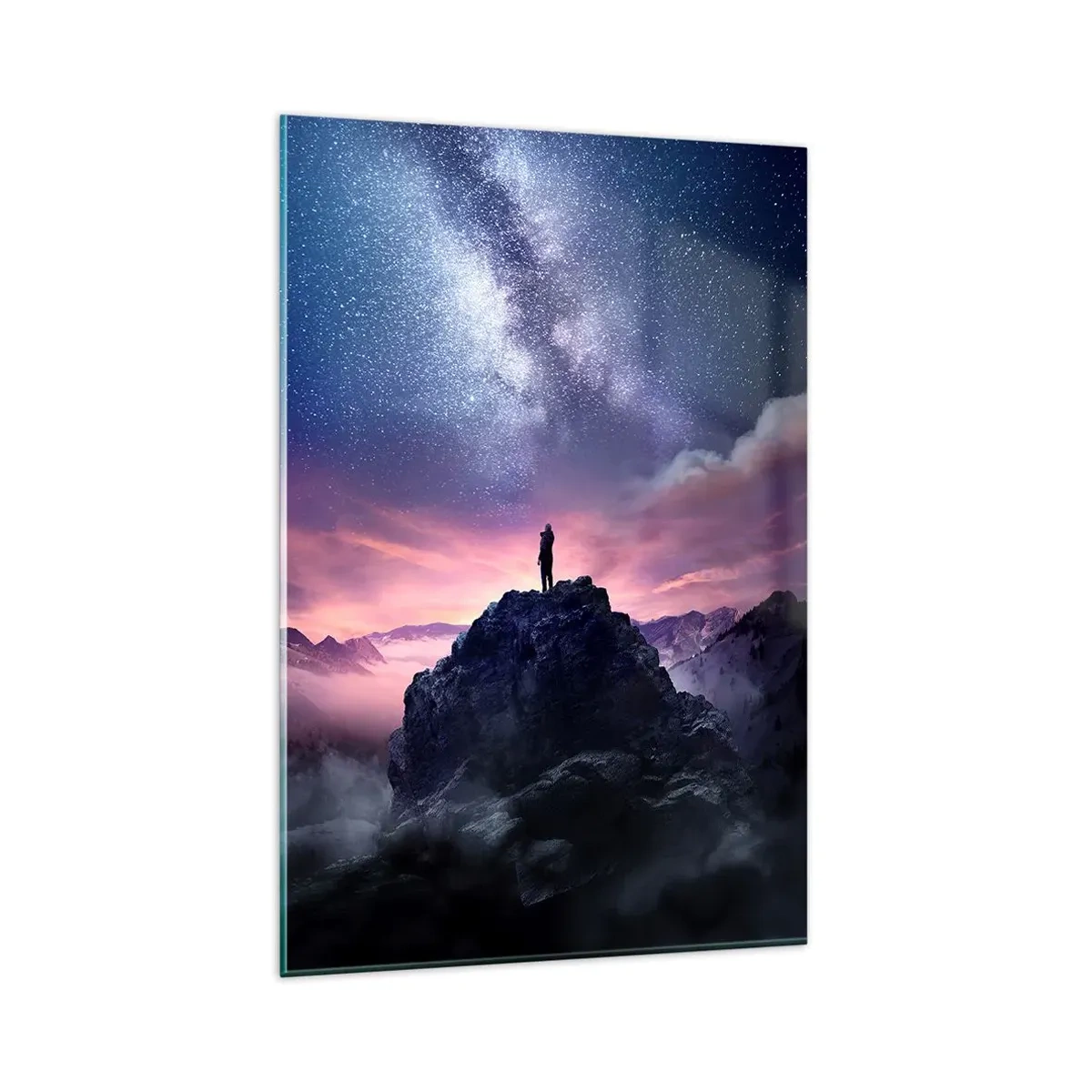 Obraz na szkle - Sylwetka osoby stojącej na szczycie góry pod gwiaździstym niebem - 80x120cm - I poczuł życie - Nowoczesna dekoracja ścienna do salonu i sypialni ARTTOR
