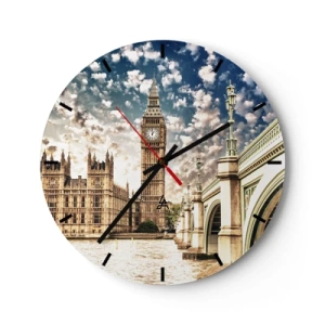 Zegar ścienny - Big Ben i most nad Tamizą w Londynie w słoneczny dzień - 30x30cm - Pierzaste obłoki nad  Tamizą - Nowoczesna dekoracja ścienna do salonu, kuchni i sypialni ARTTOR
