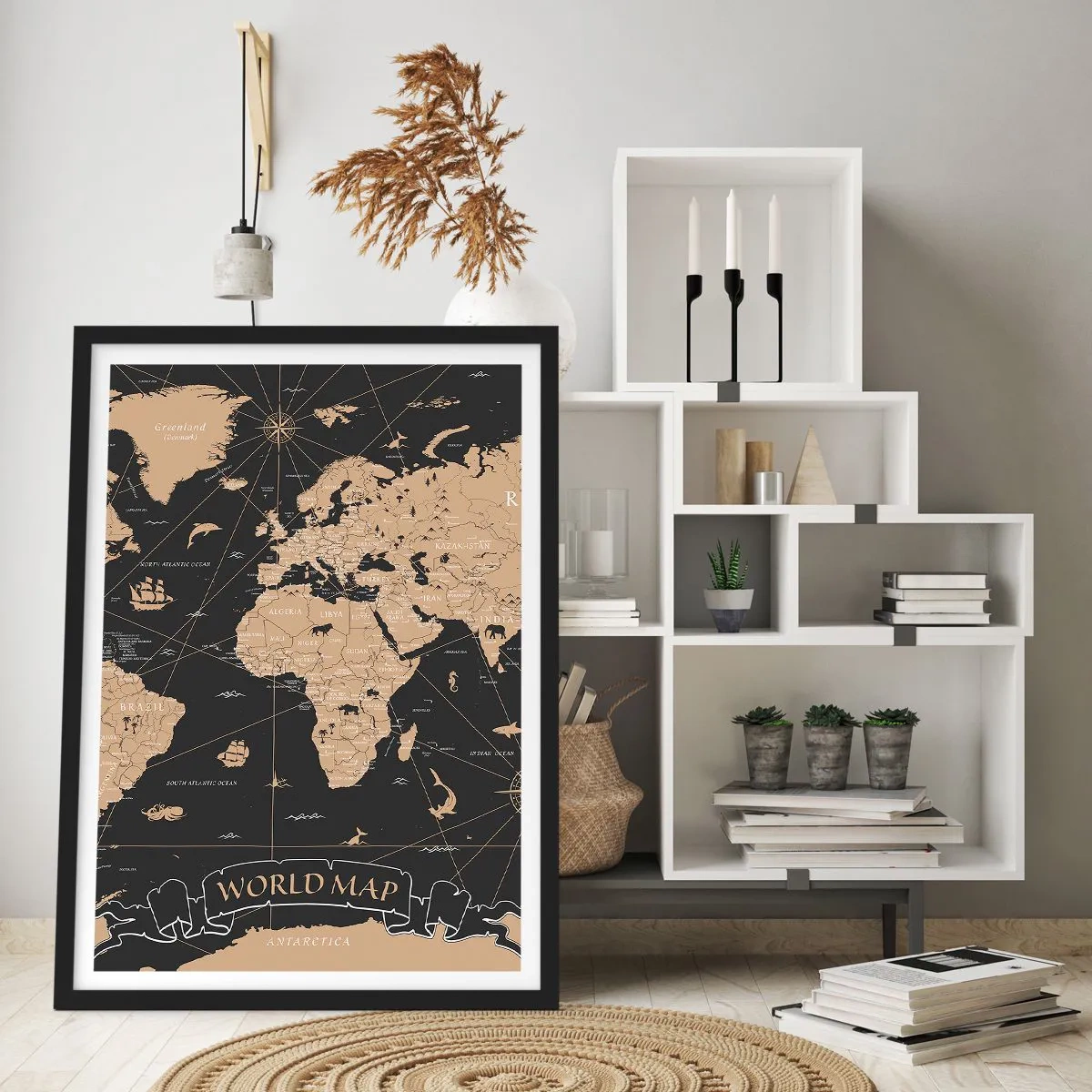 Plakat w czarnej ramie - Stylizowana mapa świata w vintage kolorystyce - 50x70cm - Granice mojego świata - Nowoczesna dekoracja ścienna do salonu i sypialni ARTTOR