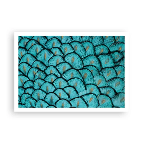 Plakat - Wzór przypominający turkusowe łuski z akcentami złota - 100x70cm - Wielka gala piór - Nowoczesna dekoracja ścienna do salonu i sypialni ARTTOR