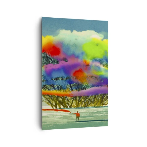 Obraz na płótnie - Postać z kolorowym dymem w tle drzewa na pustkowiu - 80x120cm - Ożywić ten świat - Nowoczesna dekoracja ścienna do salonu i sypialni ARTTOR