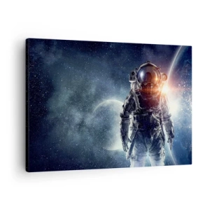 Obraz na płótnie - Astronauta na tle kosmosu i planety Ziemi - 70x50cm - Kosmiczna przygoda - Nowoczesna dekoracja ścienna do salonu i sypialni ARTTOR