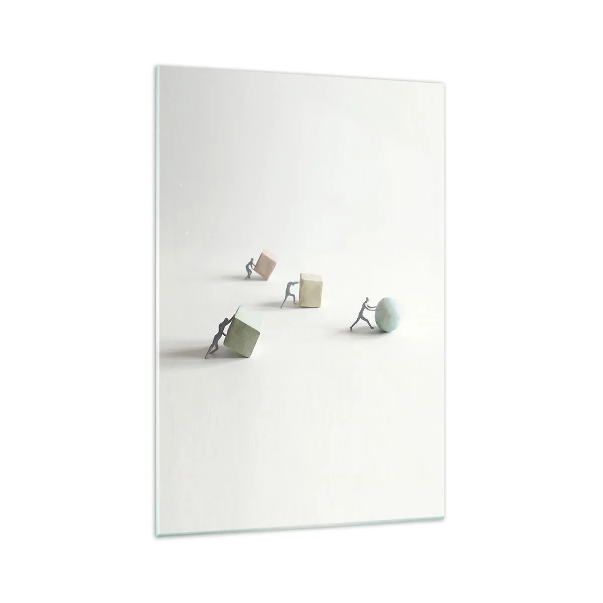 Obraz na szkle - Miniaturowe postacie pchające kształty na jasnym tle - 70x100cm - Samo życie - Nowoczesna dekoracja ścienna do salonu i sypialni ARTTOR