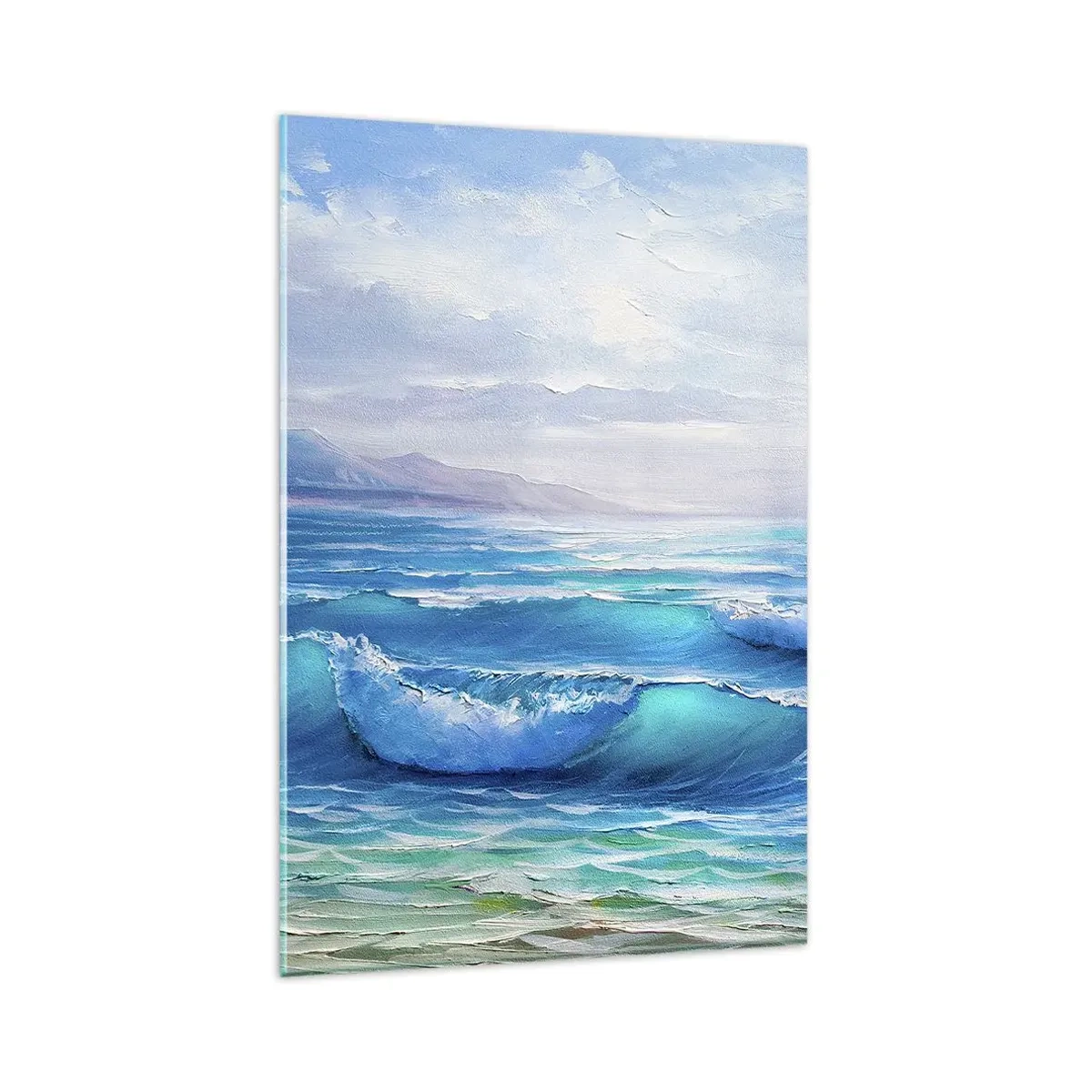 Obraz na szkle - Malowniczy krajobraz morza z falami i błękitnym niebem - 80x120cm - Niesie ukojenie - Nowoczesna dekoracja ścienna do salonu i sypialni ARTTOR