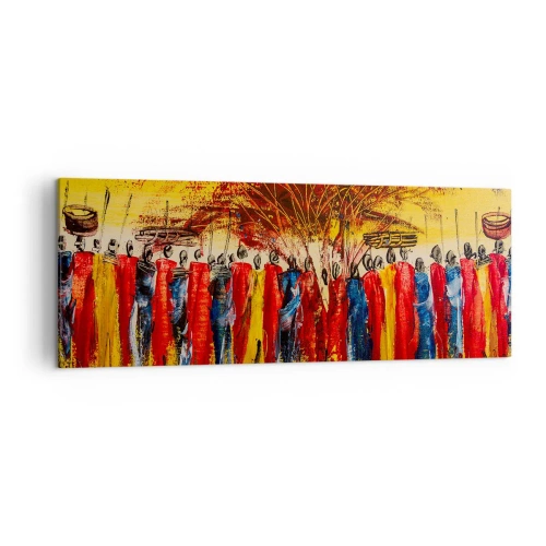 Obraz na płótnie - Kolorowa scena z afrykańskimi postaciami na tle zachodzącego słońca - 140x50cm - Tam, tam, tam tam idą - Nowoczesna dekoracja ścienna do salonu i sypialni ARTTOR