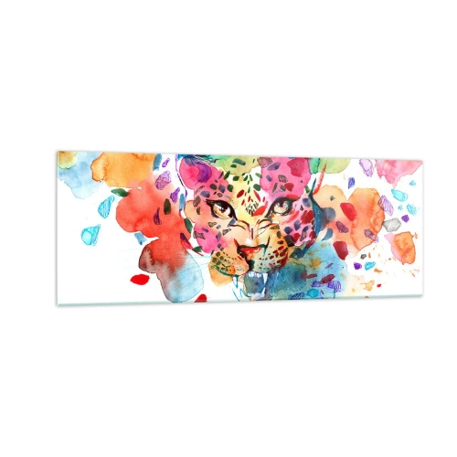 Obraz na szkle - Abstrakcyjny portret lamparta w intensywnych kolorach - 140x50cm - Piękna i bestia - Nowoczesna dekoracja ścienna do salonu i sypialni ARTTOR