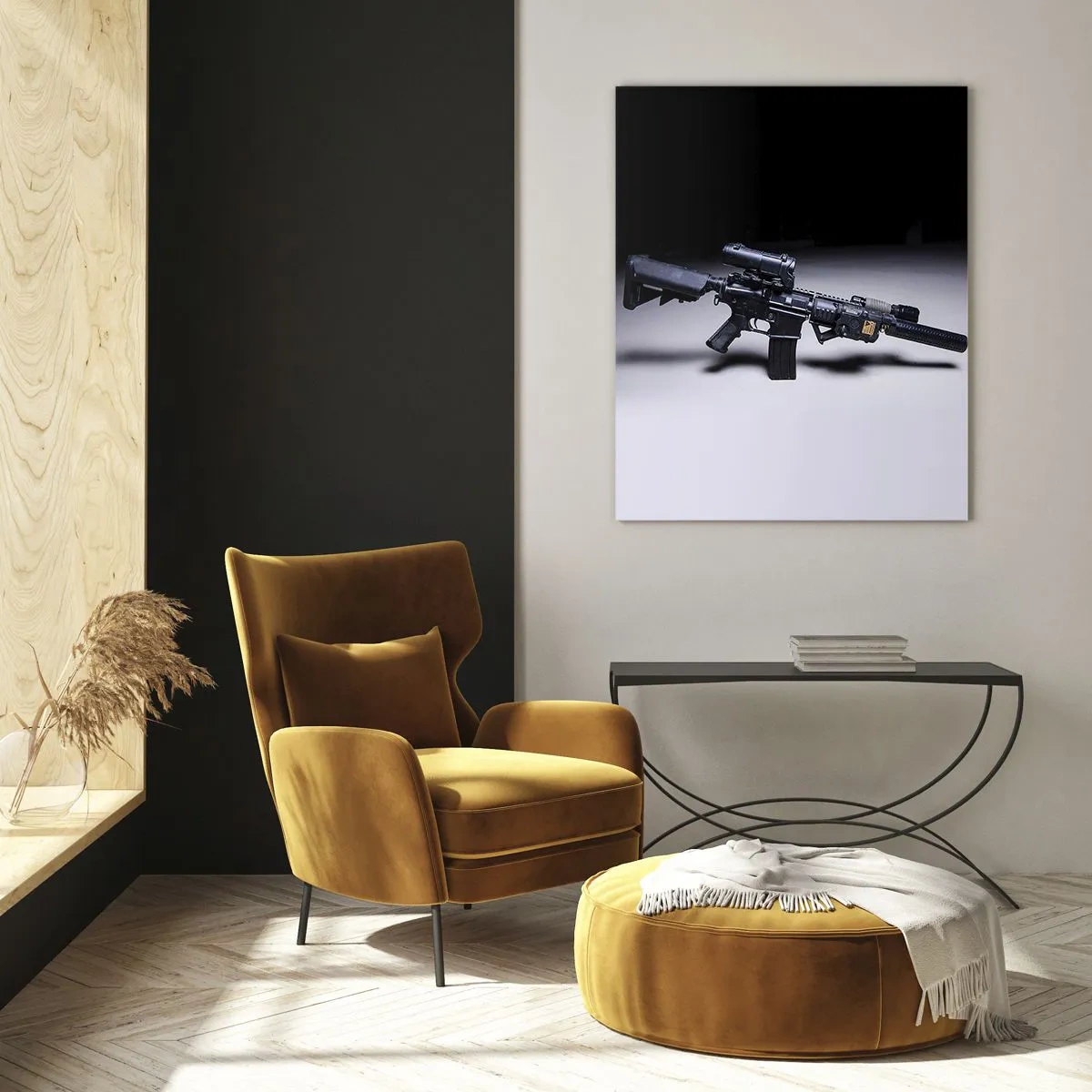 Obraz na szkle - Nowoczesny karabin w czarnym kolorze na ciemnym tle - 80x120cm - Mroczny rycerz - Nowoczesna dekoracja ścienna do salonu i sypialni ARTTOR