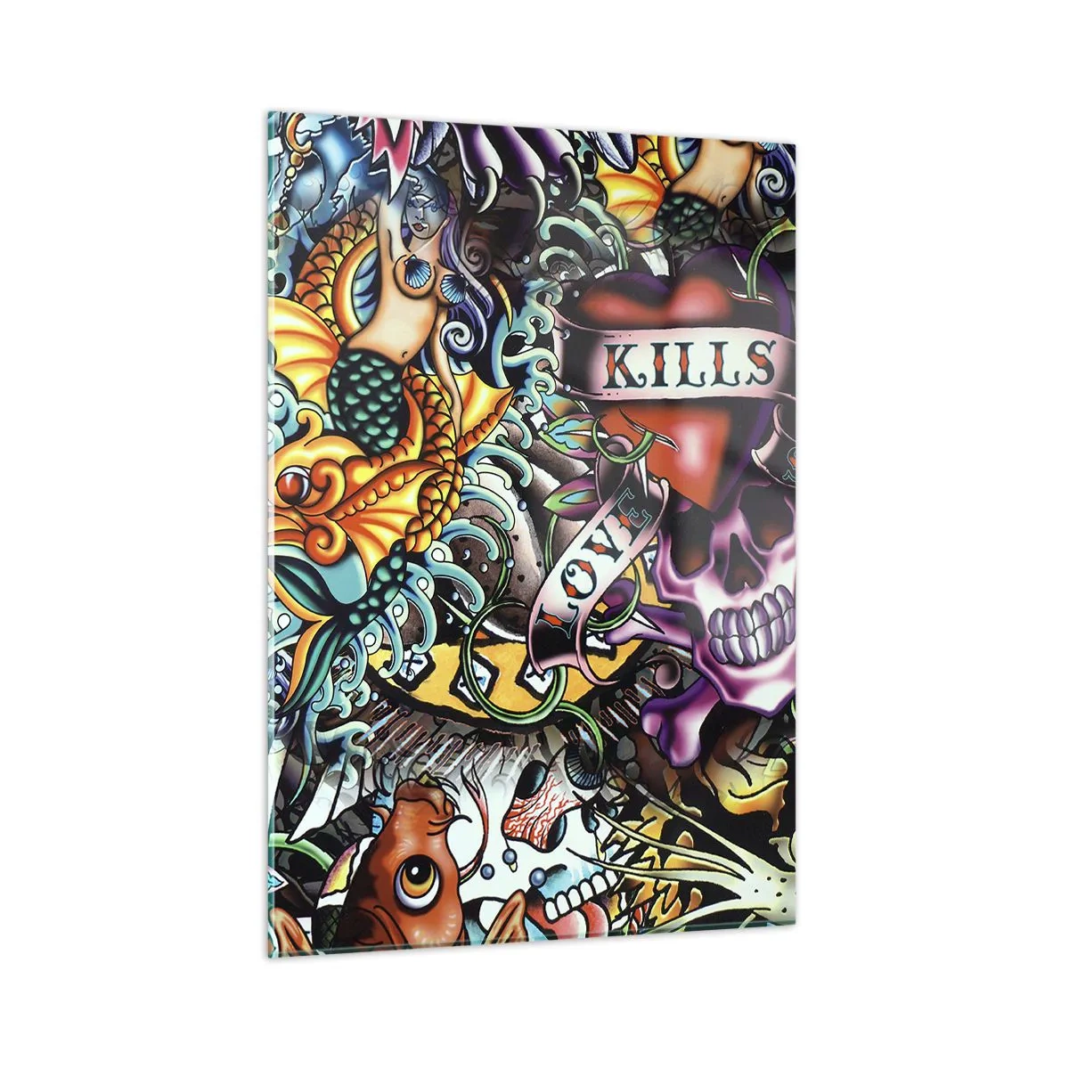 Obraz na szkle - Kolorowa kompozycja wzorów inspirowanych sztuką tatuażu - 50x70cm - Sen tatuażysty - Nowoczesna dekoracja ścienna do salonu, kuchni i sypialni ARTTOR