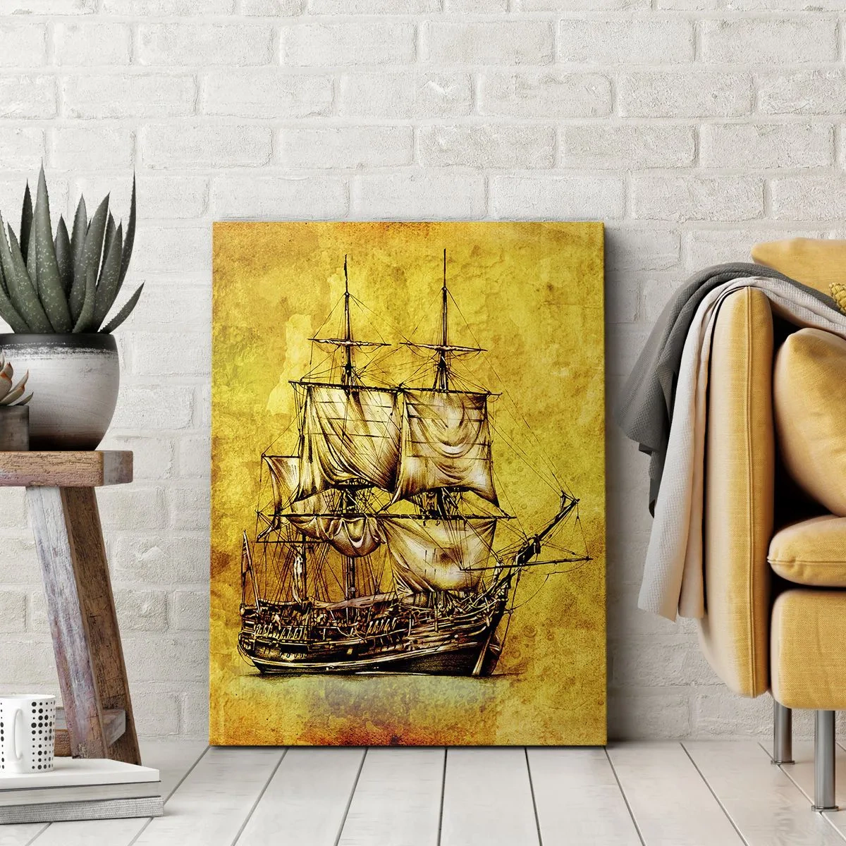 Obraz na płótnie - Zabytkowy żaglowiec na żółtym tle w stylu retro - 50x70cm - Kierunek Tortuga! - Nowoczesna dekoracja ścienna do salonu, kuchni i sypialni ARTTOR