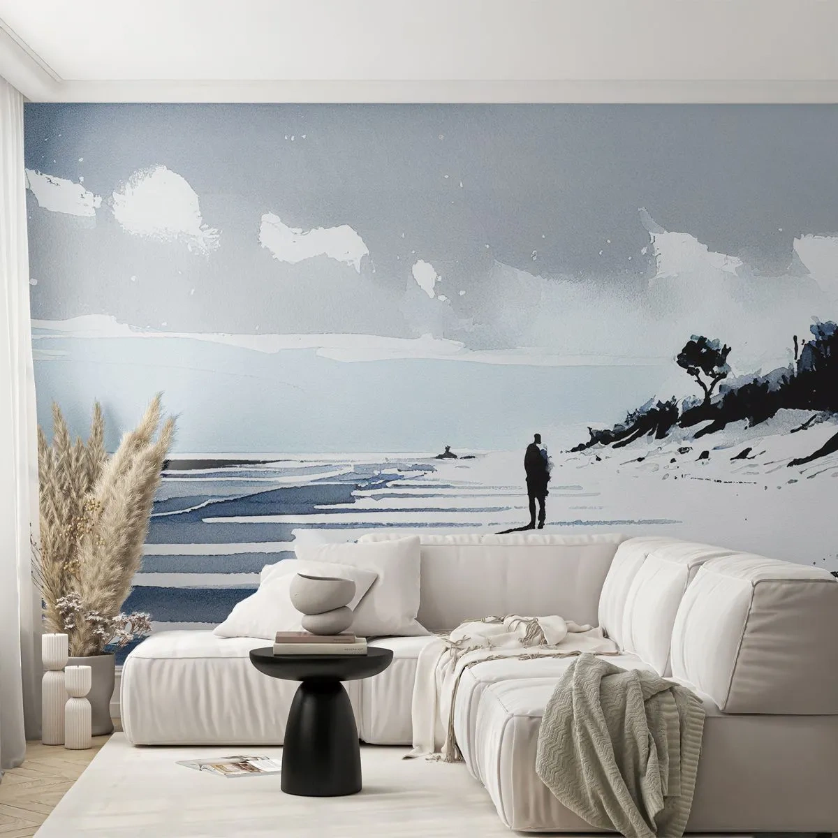 Fototapeta Premium Sand - Samotna postać spacerująca po pustej plaży w odcieniach szarości - 100x70cm - Sam na sam - Nowoczesna dekoracja ścienna do salonu, kuchni i sypialni ARTTOR