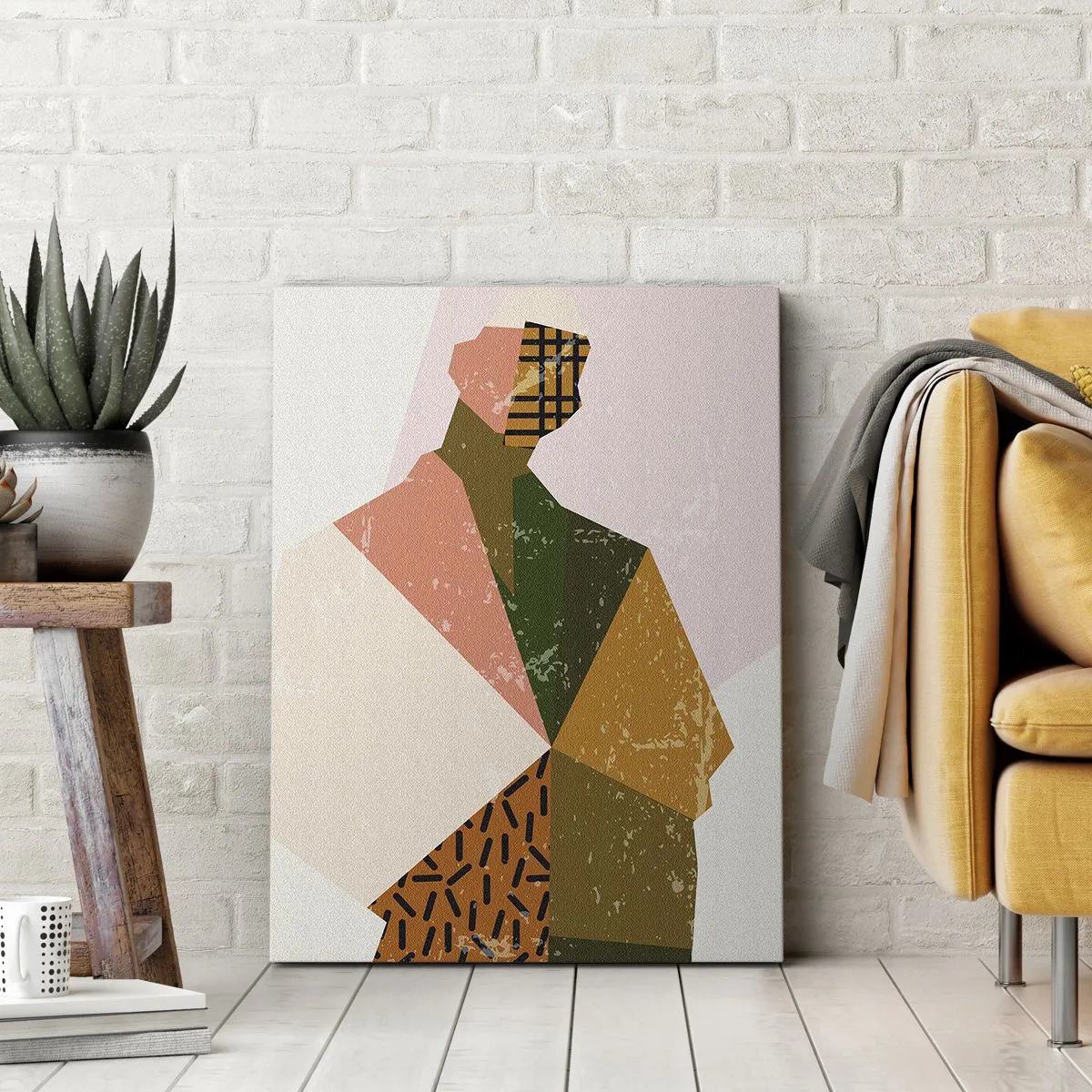 Obraz na płótnie - Abstrakcyjna postać ludzka złożona z geometrycznych kształtów i wzorów - 70x100cm - Człowiek – istota złożona - Nowoczesna dekoracja ścienna do salonu i sypialni ARTTOR