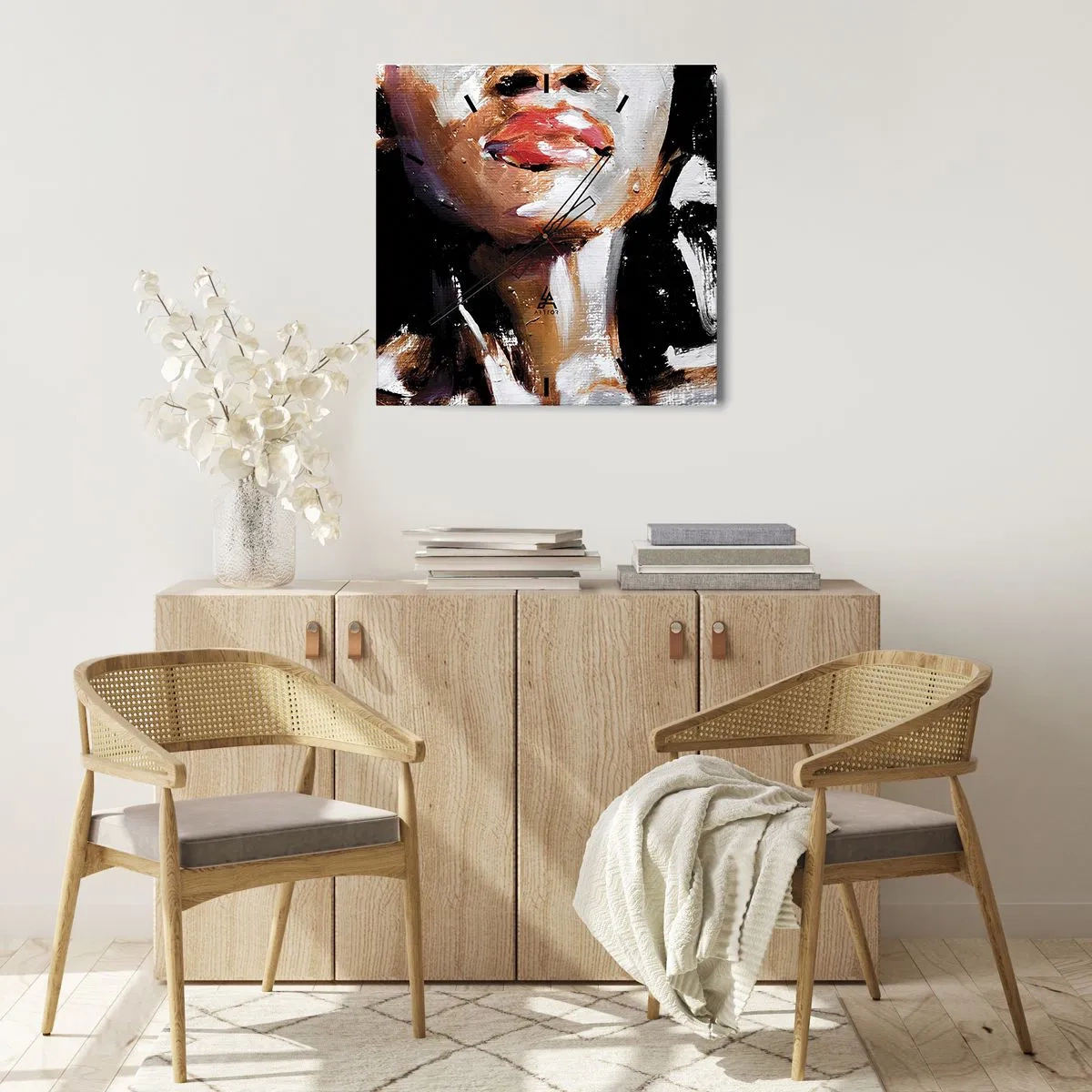Zegar ścienny - Portret kobiety w ekspresyjnym stylu malarskim na ciemnym tle - 30x30cm - Duma bez uprzedzeń - Nowoczesna dekoracja ścienna do salonu i sypialni ARTTOR