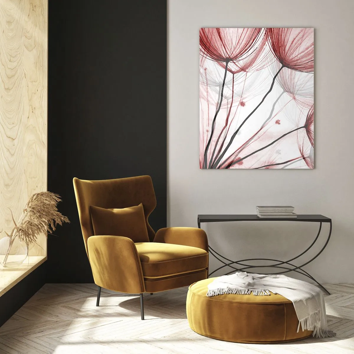 Obraz na szkle - Delikatne kwiaty w odcieniach czerwieni na jasnym tle - 80x120cm - Przed odlotem - Nowoczesna dekoracja ścienna do salonu i sypialni ARTTOR