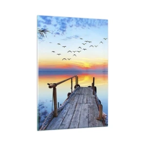 Obraz na szkle - Drewniany pomost nad jeziorem o zachodzie słońca - 80x120cm - Pora wracać… - Nowoczesna dekoracja ścienna do salonu i sypialni ARTTOR