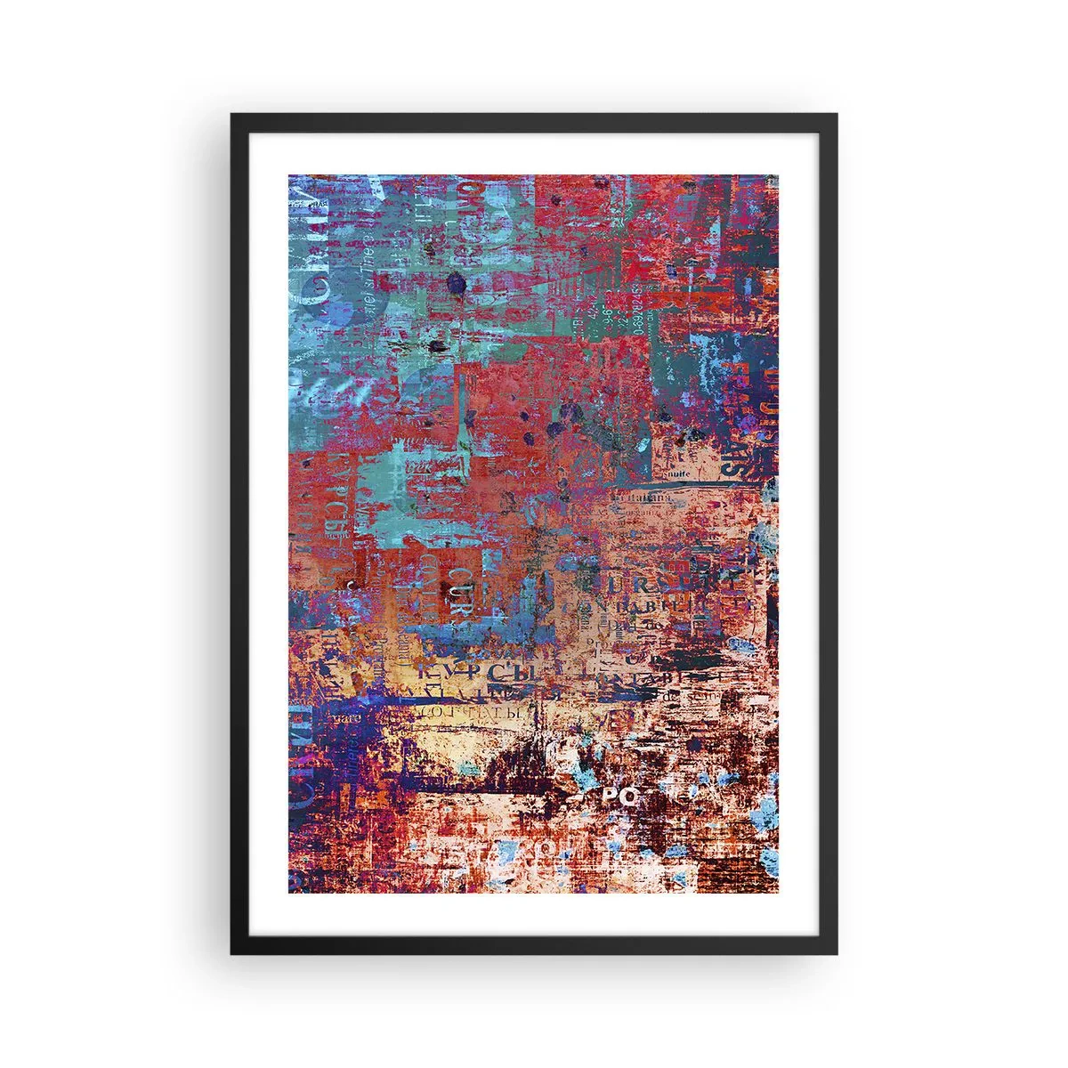 Plakat w czarnej ramie - Kolorowa abstrakcja z intensywnymi odcieniami czerwieni i błękitu - 50x70cm - Pamięć i niepamięć - Nowoczesna dekoracja ścienna do salonu i sypialni ARTTOR
