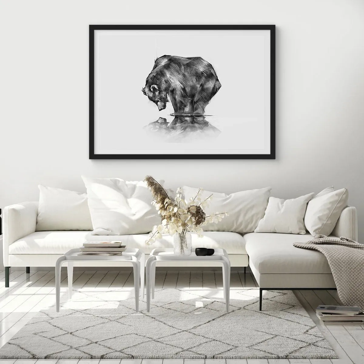 Plakat w czarnej ramie - Rysunek niedźwiedzia w minimalistycznym stylu - 100x70cm - Miło zobaczyć się z kimś bliskim - Nowoczesna dekoracja ścienna do salonu i sypialni ARTTOR
