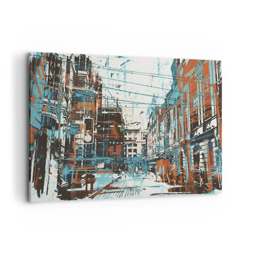 Obraz na płótnie - Miejski pejzaż w odcieniach niebieskiego i pomarańczu - 100x70cm - Przetarty miejski szlak - Nowoczesna dekoracja ścienna do salonu, kuchni i sypialni ARTTOR