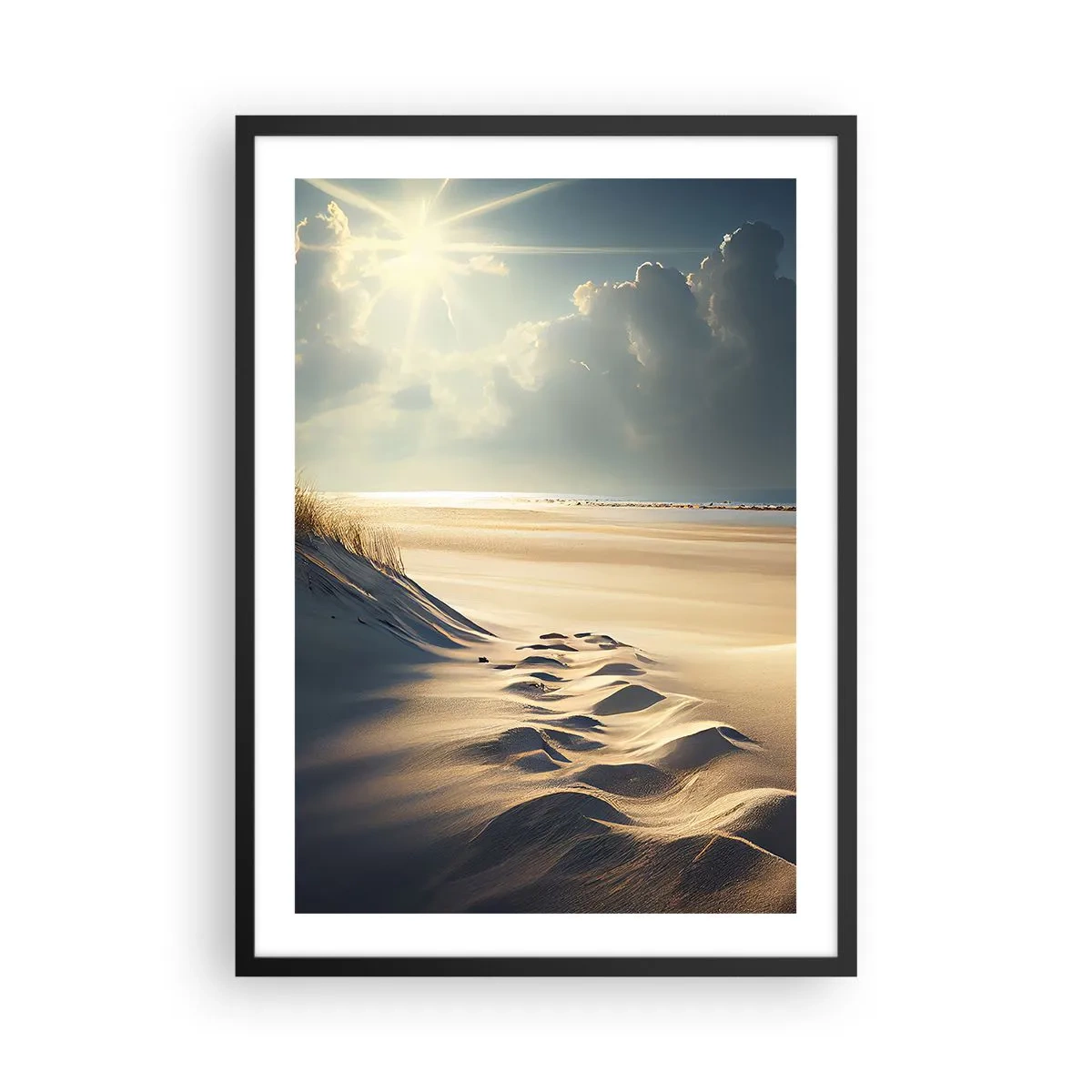 Plakat w czarnej ramie - Złociste wydmy na plaży o zachodzie słońca - 50x70cm - Kojący pejzaż - Nowoczesna dekoracja ścienna do salonu i sypialni ARTTOR