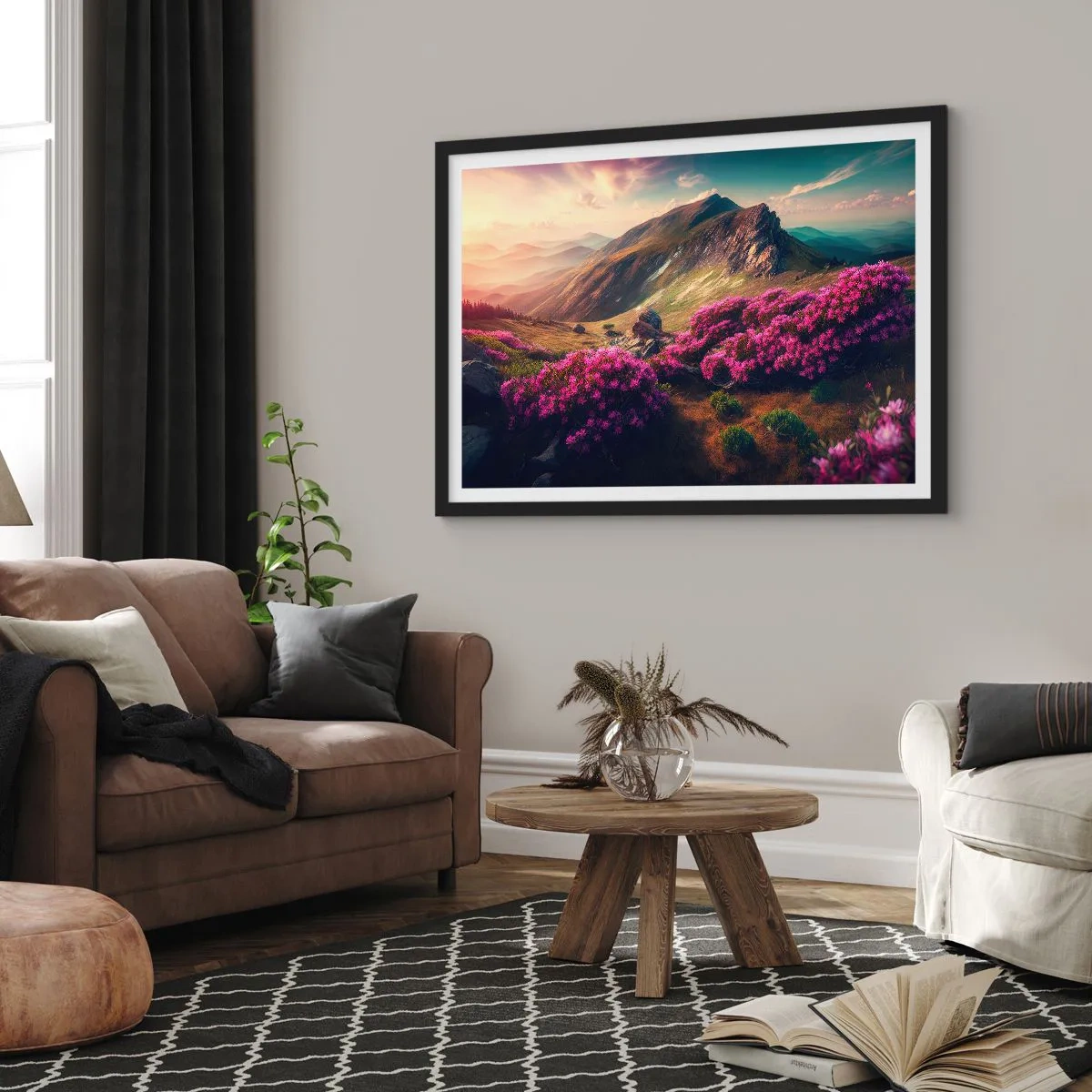 Plakat w czarnej ramie - Górski krajobraz z kwitnącymi rododendronami - 70x50cm - Lato w górach - Nowoczesna dekoracja ścienna do salonu i sypialni ARTTOR