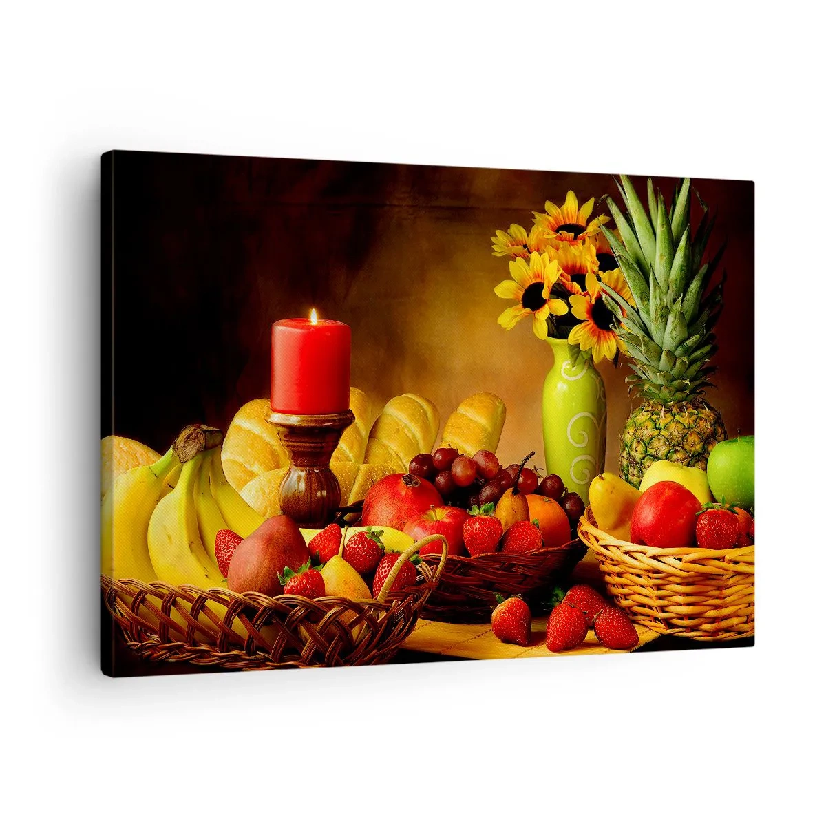 Obraz na płótnie - Martwa natura z owocami, chlebem, świecą i kwiatami - 70x50cm - Martwa natura z pieczywem i owocami - Nowoczesna dekoracja ścienna do salonu i sypialni ARTTOR