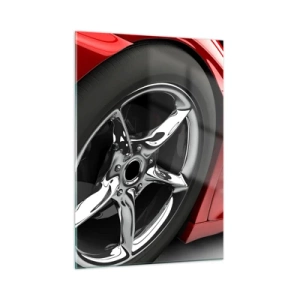 Obraz na szkle - Detal czerwonego sportowego samochodu z chromowaną felgą - 50x70cm - Stworzony do szybkości - Nowoczesna dekoracja ścienna do salonu, kuchni i sypialni ARTTOR