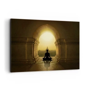 Obraz na płótnie - Sylwetka medytującej osoby w świetle zachodzącego słońca - 100x70cm - Pełna harmonia - Nowoczesna dekoracja ścienna do salonu, kuchni i sypialni ARTTOR