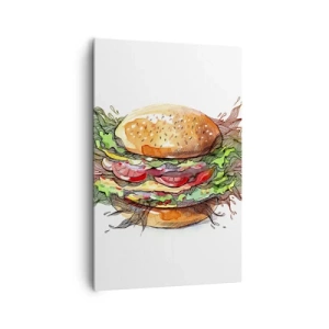 Obraz na płótnie - Artystyczna ilustracja burgera z dynamicznymi elementami - 80x120cm - Gorąca pokusa - Nowoczesna dekoracja ścienna do salonu i sypialni ARTTOR