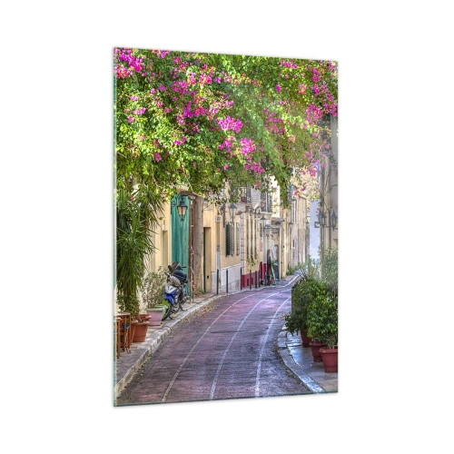 Obraz na szkle - Urokliwa ulica z kwitnącymi drzewami - 50x70cm - Kwitnący zaułek - Nowoczesna dekoracja ścienna do salonu, kuchni i sypialni ARTTOR