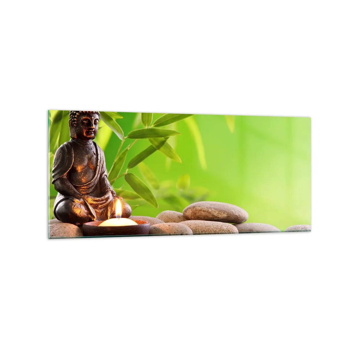 Obraz na szkle - Figura Buddy z kamieniami i świeczką na tle bambusa - 120x50cm - Życie jest piękne - Nowoczesna dekoracja ścienna do salonu i sypialni ARTTOR