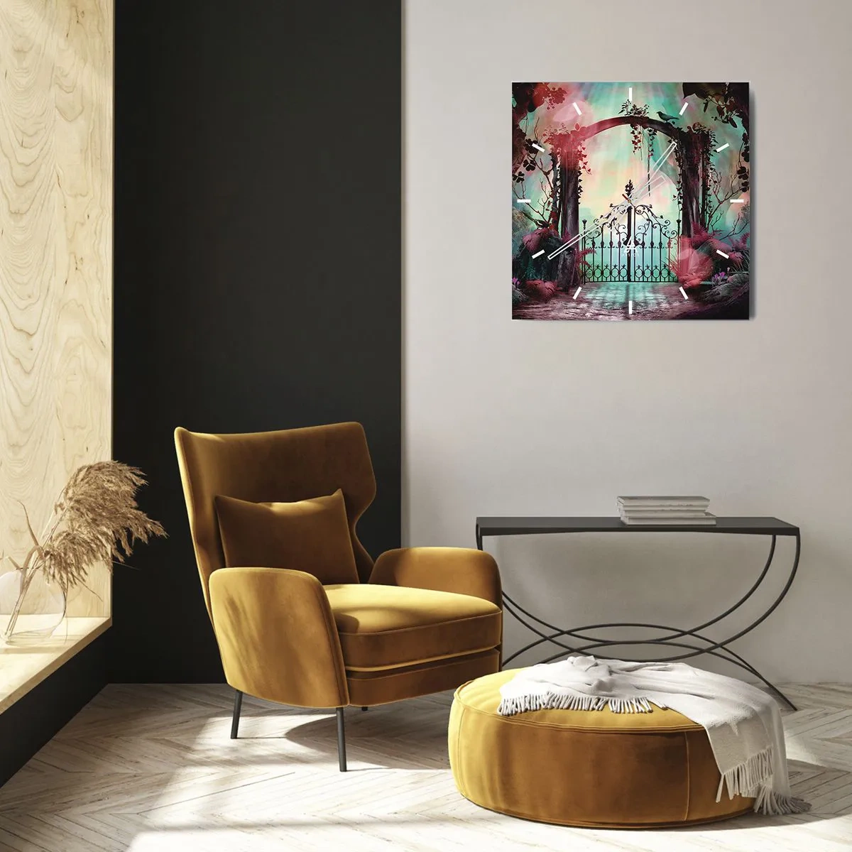 Zegar ścienny - Magiczne wejście z kutą bramą w otoczeniu tajemniczej roślinności - 30x30cm - Tajemniczy ogród - Nowoczesna dekoracja ścienna do salonu i sypialni ARTTOR