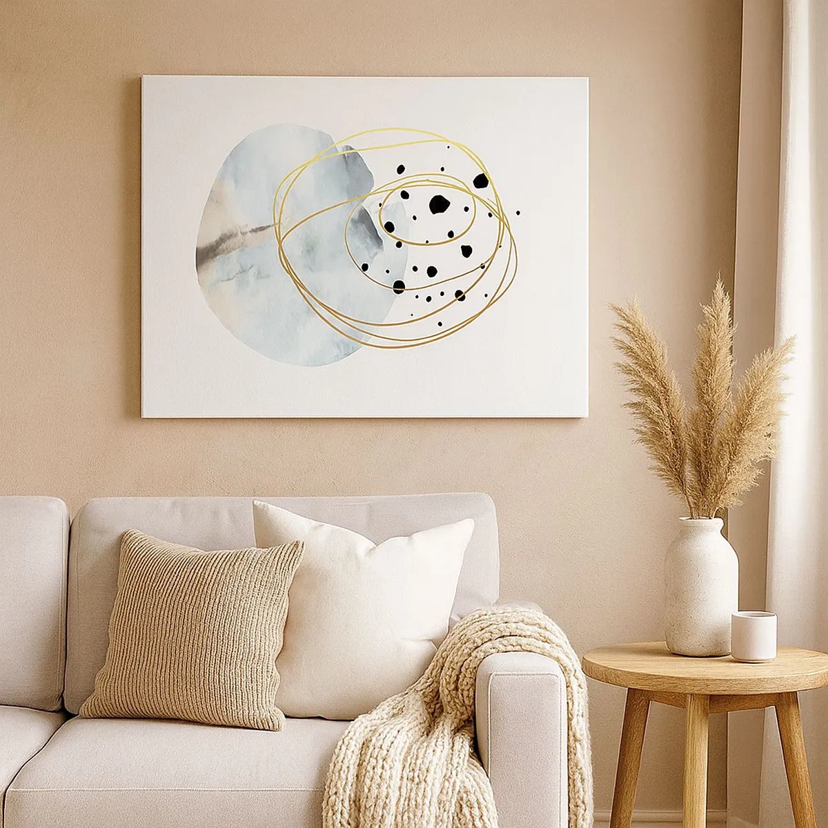 Obraz na płótnie - Minimalistyczna abstrakcja z geometrycznym wzorem i złotymi liniami - 70x50cm - W objęciach przestrzeni - Nowoczesna dekoracja ścienna do salonu i sypialni ARTTOR