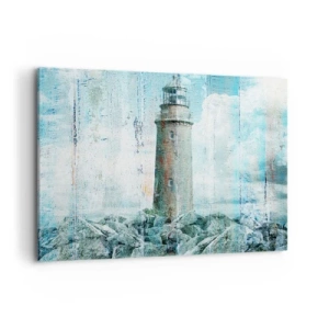 Obraz na płótnie - Latarnia morska na skalistym wybrzeżu w pastelowych barwach - 100x70cm - Na starym drewnie - Nowoczesna dekoracja ścienna do salonu, kuchni i sypialni ARTTOR