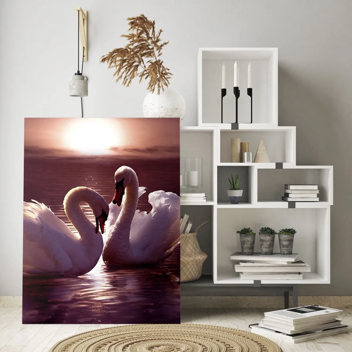Obraz na szkle - Dwa łabędzie na wodzie w świetle zachodzącego słońca - 50x70cm - Aż śmierć nas nie rozłączy - Nowoczesna dekoracja ścienna do salonu, kuchni i sypialni ARTTOR